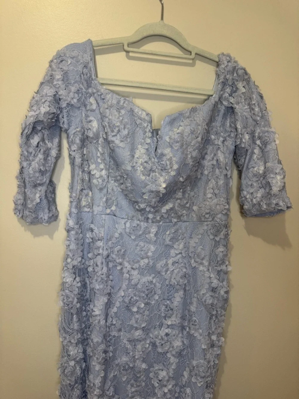 Xscape Off The Shoulder Long Sleeve Lace Trumpet Gown | Size 14 | Blue
